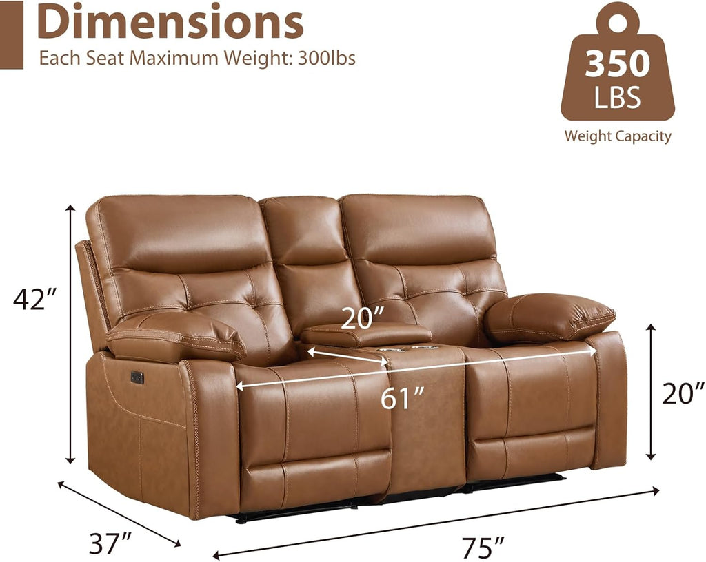 CANMOV Genuine Leather Power Recliner Loveseat, 2 Seat Loveseat Reclining Sofa with Storage Console,Hidden Cup Holders,Modern Electric Recliner Couch Set for Living Room, Bedroom,Brown