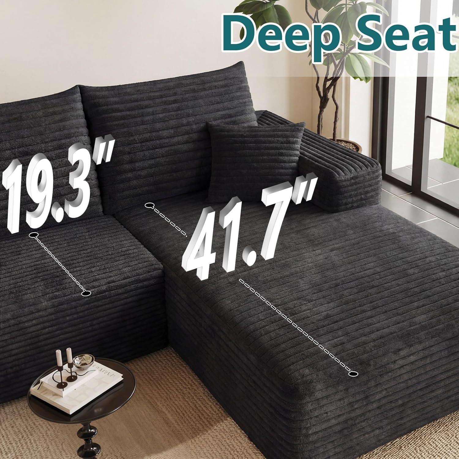 95" U-Shape Cloud Couch, Modern Modular Sectional L-Shape Sofa with Ottoman, Corduroy Upholstered Couches Deep Seat Sleeper Chaise Longue for Living Room, No Assembly Required(Black, Right Facing)