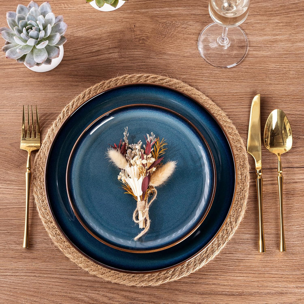 GBHOME Ceramic Dinnerware Sets for 4, 12 Pieces Stoneware Plates and Bowls Sets, Scratch Resistant Dishes, Dishwasher & Microwave Safe, Reactive Glaze-Pacific Blue