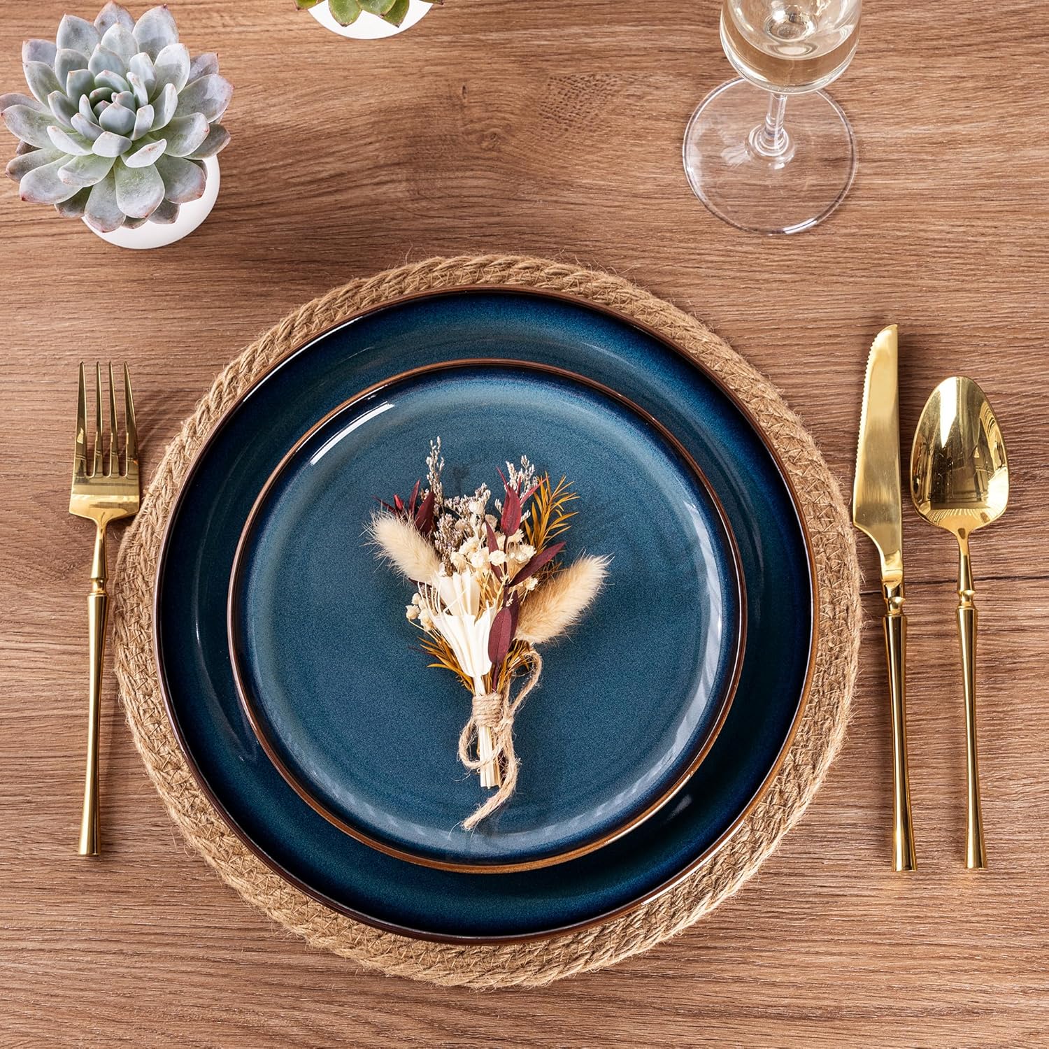 GBHOME Ceramic Dinnerware Sets for 4, 12 Pieces Stoneware Plates and Bowls Sets, Scratch Resistant Dishes, Dishwasher & Microwave Safe, Reactive Glaze-Pacific Blue