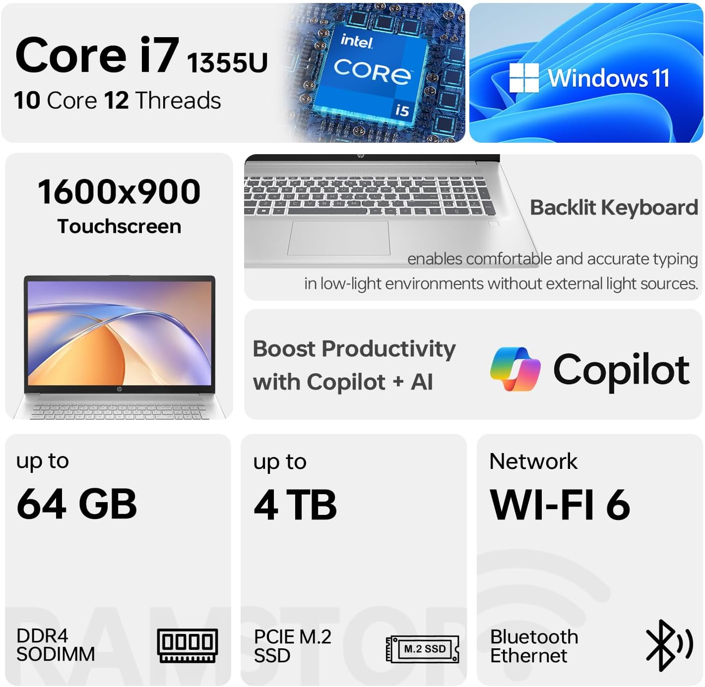 HP 17 Laptop  17.3" HD+ Touchscreen Display  12th Gen Intel Core i7-1255U  64GB RAM  2TB SSD  Webcam  HDMI  SuperSpeed USB Ports  Wi-Fi 6  Windows 11 Home  Silver