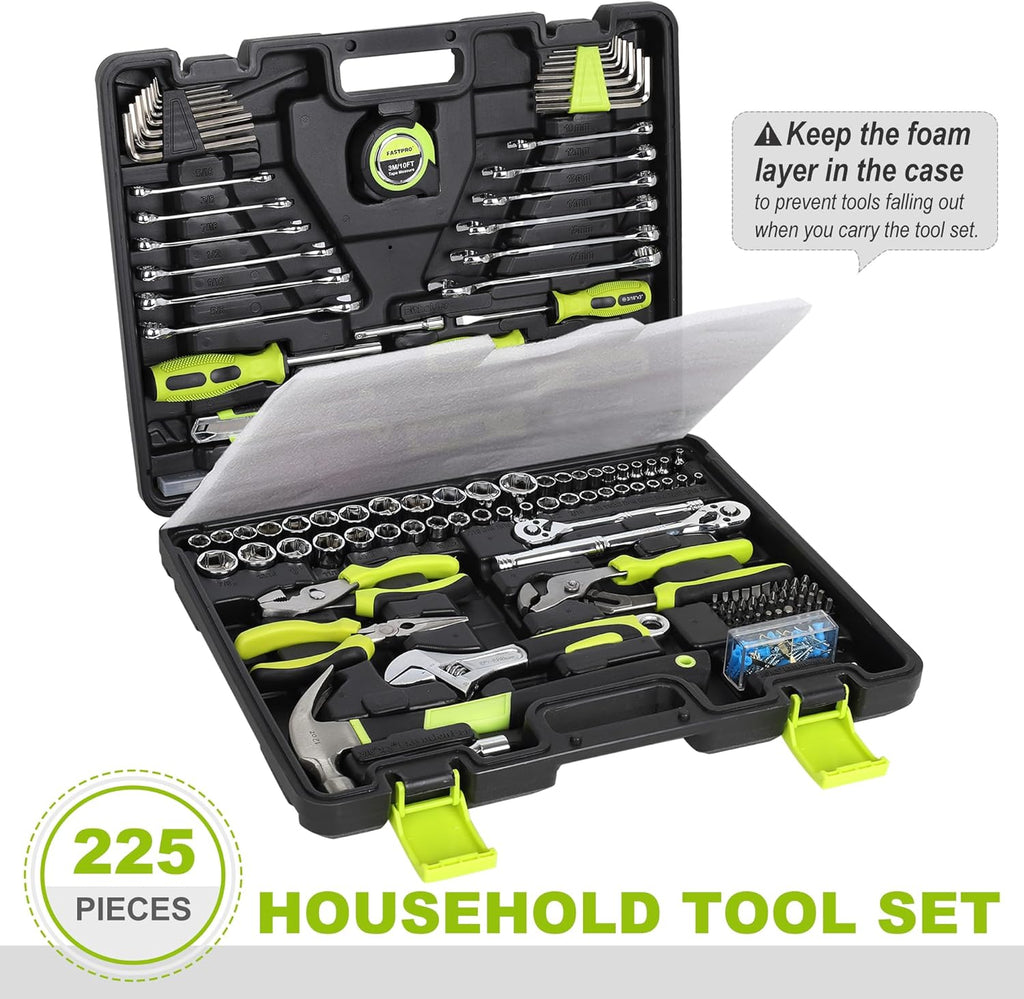 FASTPRO 225-Piece Household Tool Set, SAE & Metric Mechanics Hand Tool Set with Toolbox, Home/Auto Repairing Tool Kit for DIY, Home Maintenance and Car Repairing, Green