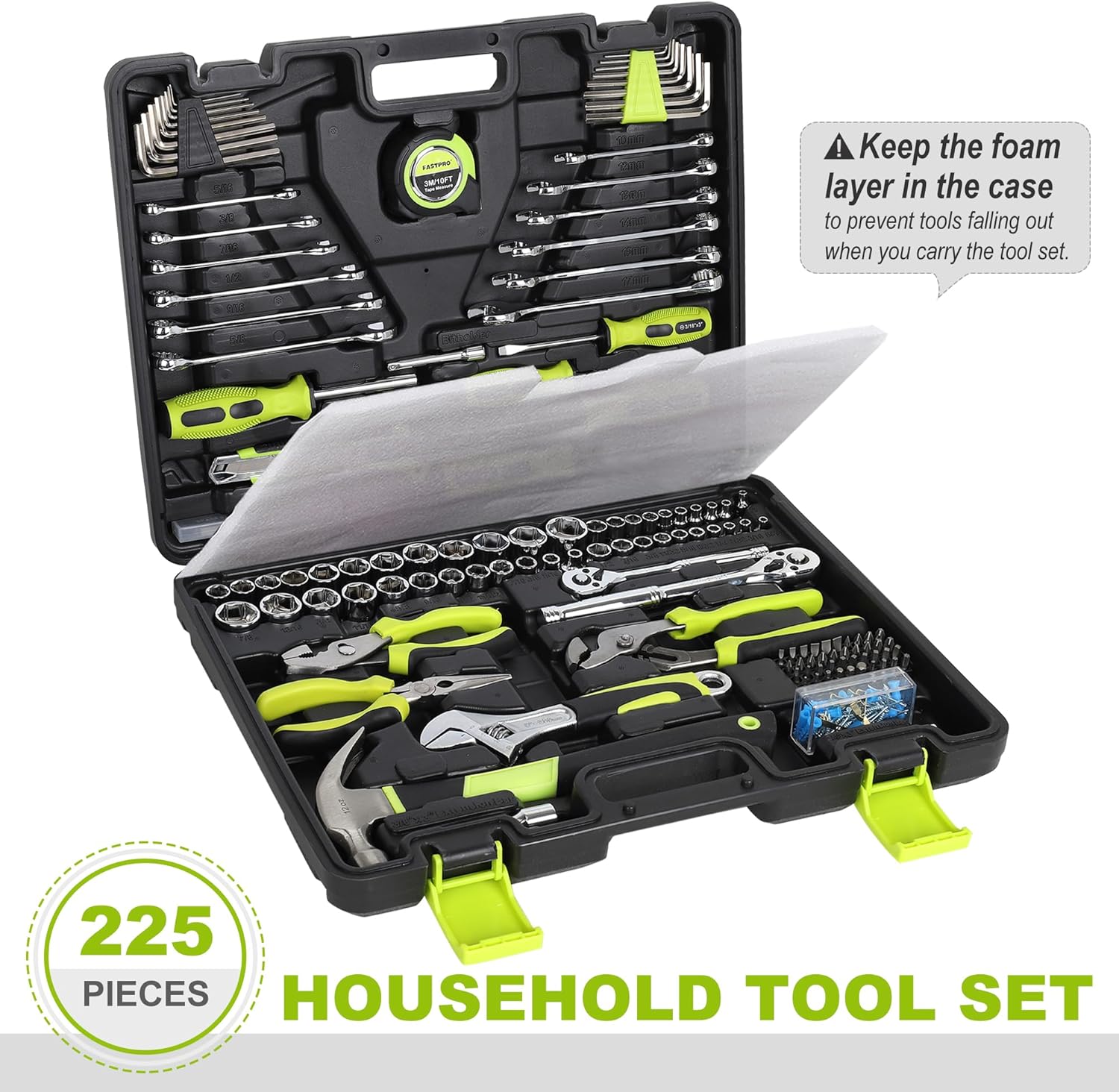 FASTPRO 225-Piece Household Tool Set, SAE & Metric Mechanics Hand Tool Set with Toolbox, Home/Auto Repairing Tool Kit for DIY, Home Maintenance and Car Repairing, Green
