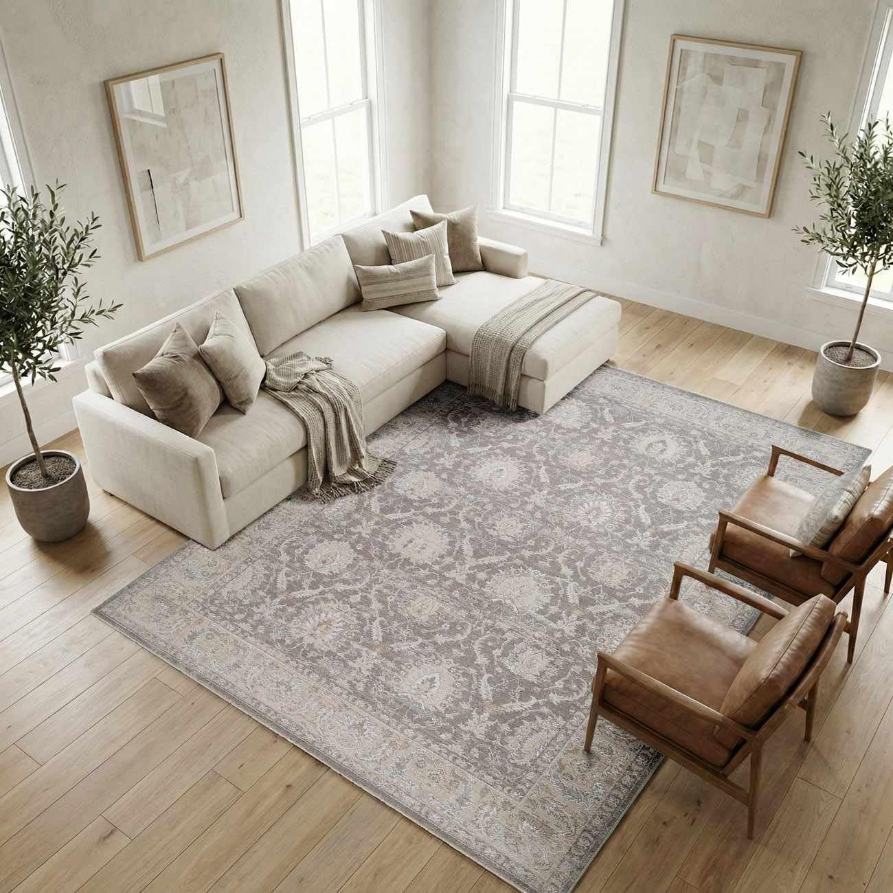 Hauteloom Bellington Living Room, Bedroom Area Rug - Neutral Traditional Bohemian Bordered - Gray, Cream, Beige, Brown - 7'10" x 10'2"