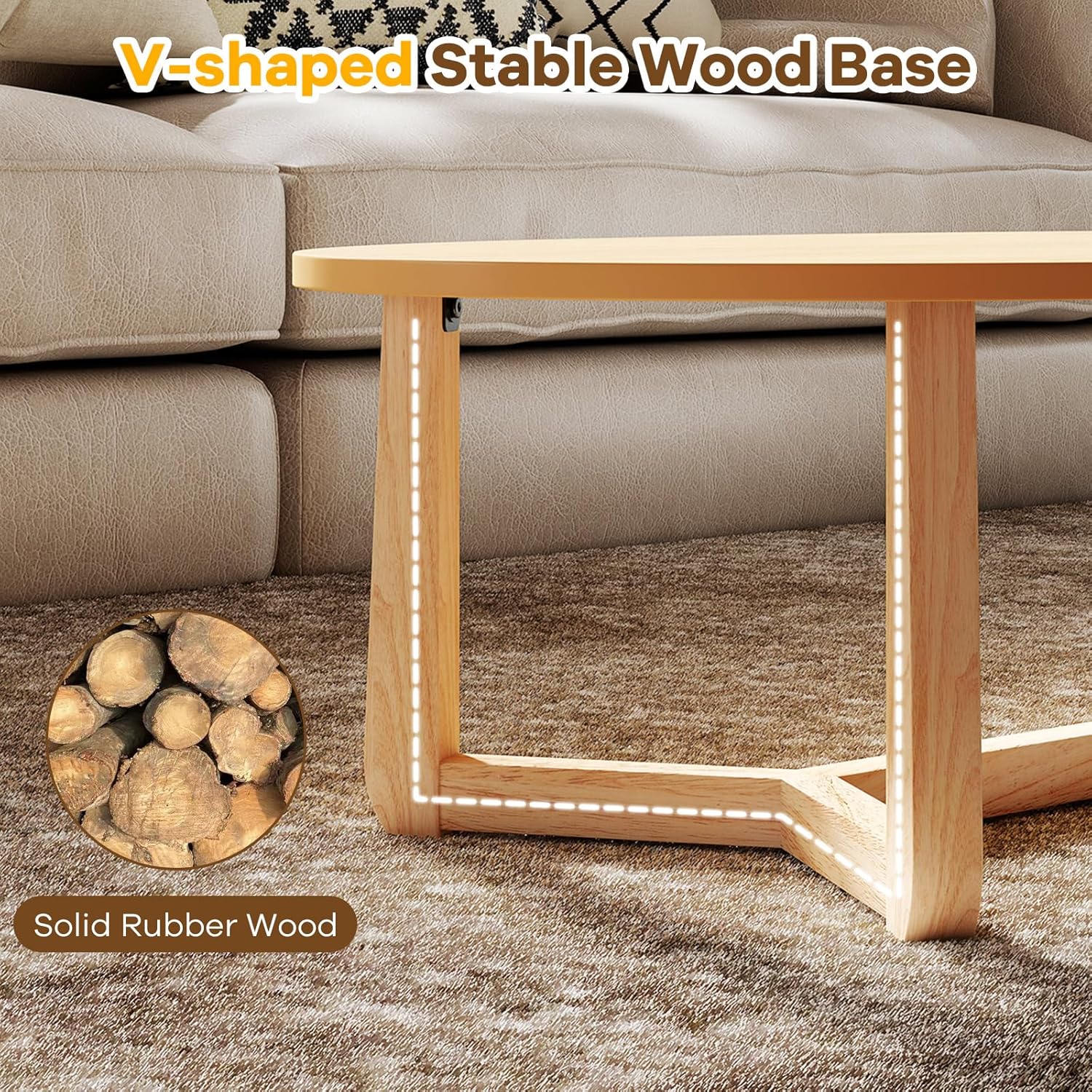 Giantex Oval Coffee Table, 46'' Wood Center Table with Thickened Top & Solid Rubber Wood Frame, Low Profile Cocktail Accent Table, Modern Living Room Table, Natural