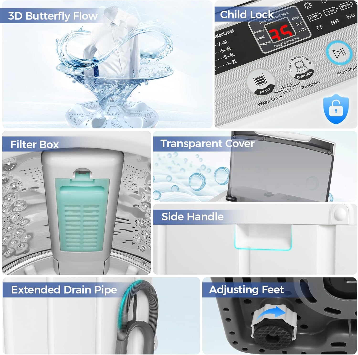 Nictemaw Portable Washing Machine, 20Lbs Capacity Full-Automatic Portable Washer, 2.8Cu.ft Washer and Dryer Combo with Drain Pump, LED Display, 10 Programs & 8 Water Levels for Apartment Dorm RV