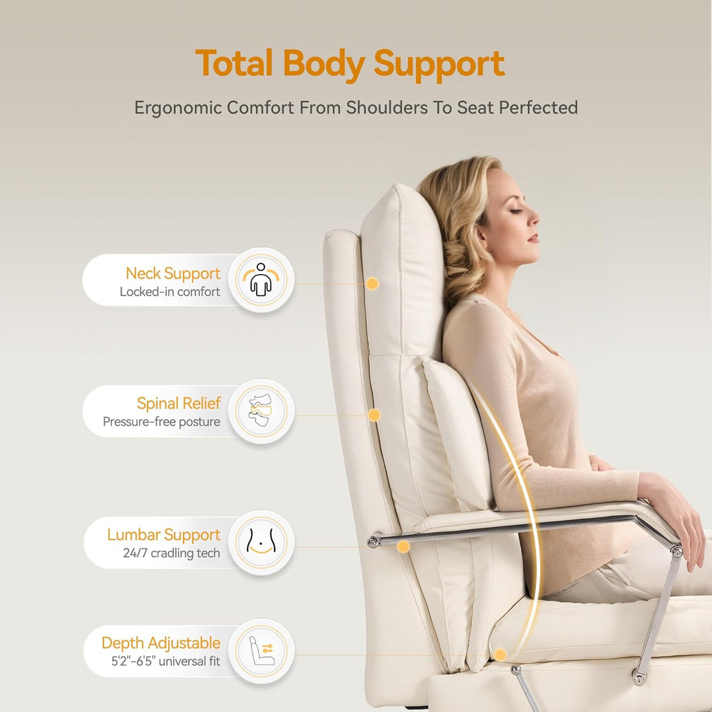 M76 160° Reclining Office Chair with Footrest, 10" Thick Cloud Cushion Executive Desk Chair, Extra Wide Cross-Legged Ergonomic Chair for Big and Tall, Adjustable Seat Depth, Easy Assembly, Cream
