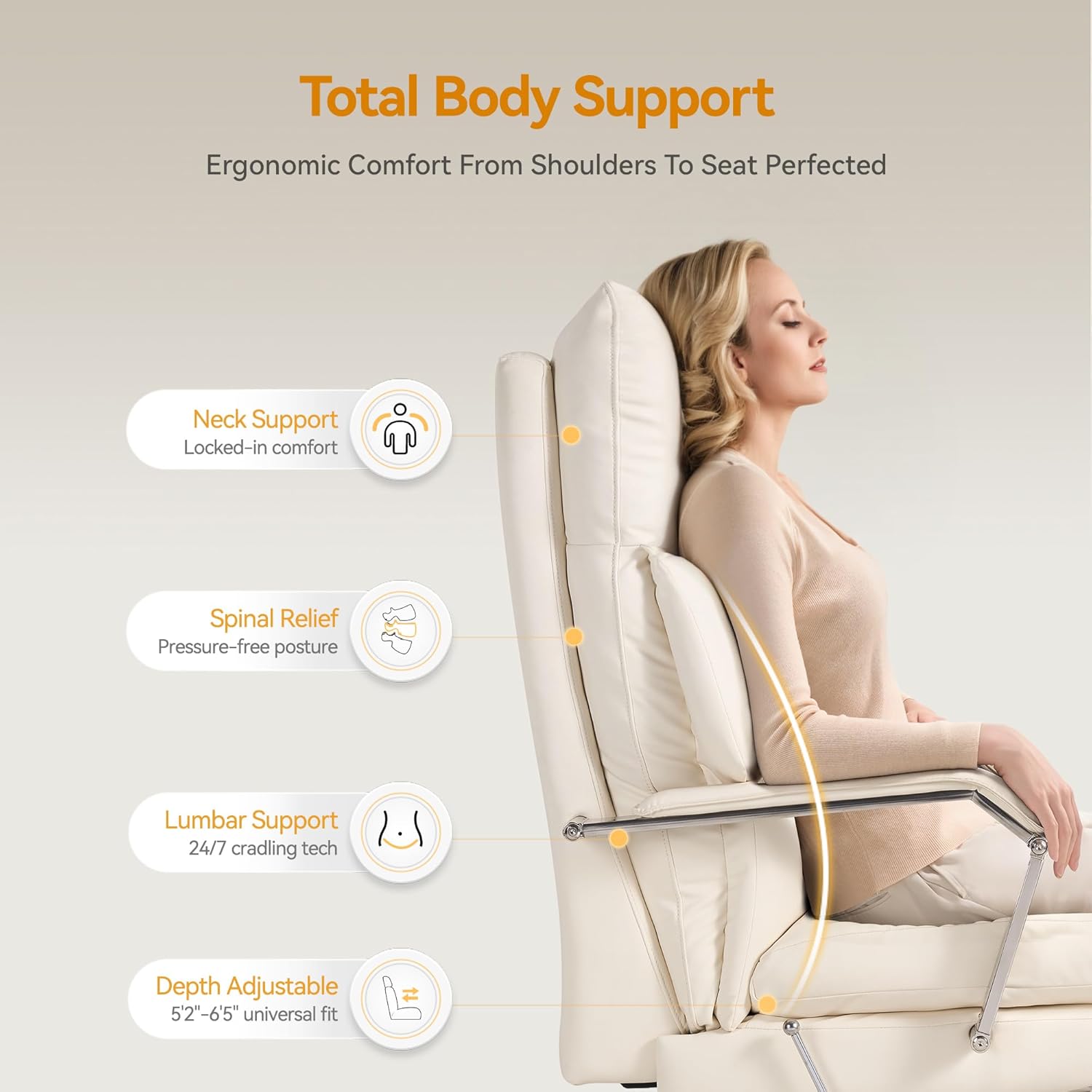 M76 160° Reclining Office Chair with Footrest, 10" Thick Cloud Cushion Executive Desk Chair, Extra Wide Cross-Legged Ergonomic Chair for Big and Tall, Adjustable Seat Depth, Easy Assembly, Cream
