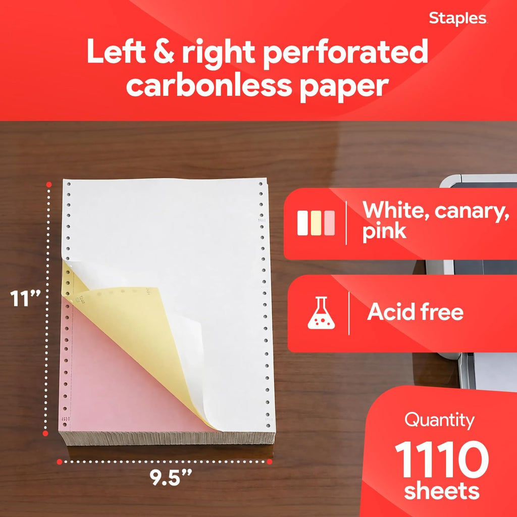 Staples Carbonless NCR Computer Paper, 3 Part Continuous Forms, 9.5 x 11 Inch, White/Canary/Pink, Collated Multi-Part Paper, 1100 Sheets for Invoices & Forms