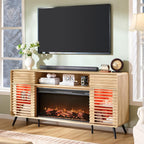 OKD Fireplace TV Stand for 80 Inch TV, Mid Century Modern Entertainment Center w/36 Electric Fireplace & LED Lights, Wood Media Console w/Sliding Slatted Doors & Storage Shelf, Natural Oak