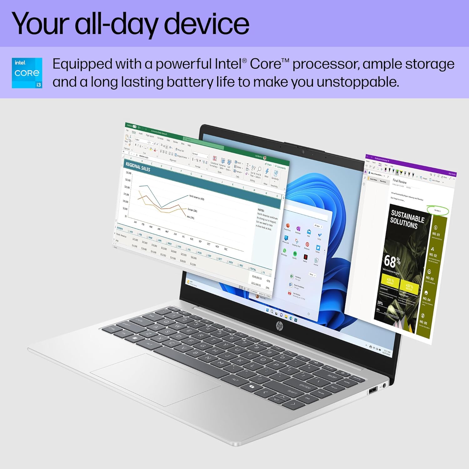 HP 14 inch Laptop  HD Display  Intel Core i3-N305  8 GB RAM  256 GB SSD  Intel UHD Graphics  Windows 11 Home in S Mode  Natural Silver  14-ep0299nr