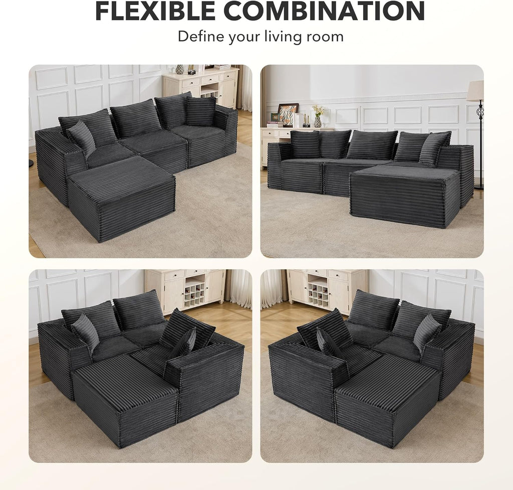 107" Modular Sectional Cloud Couch for Living Room,Deep Seat Boneless Couch,Convertible Sofas with Ottomans,No Assembly Compression Sofas, Comfy Floor Sofa with Memory Foam (3 Seater+1 Ottoman),Grey