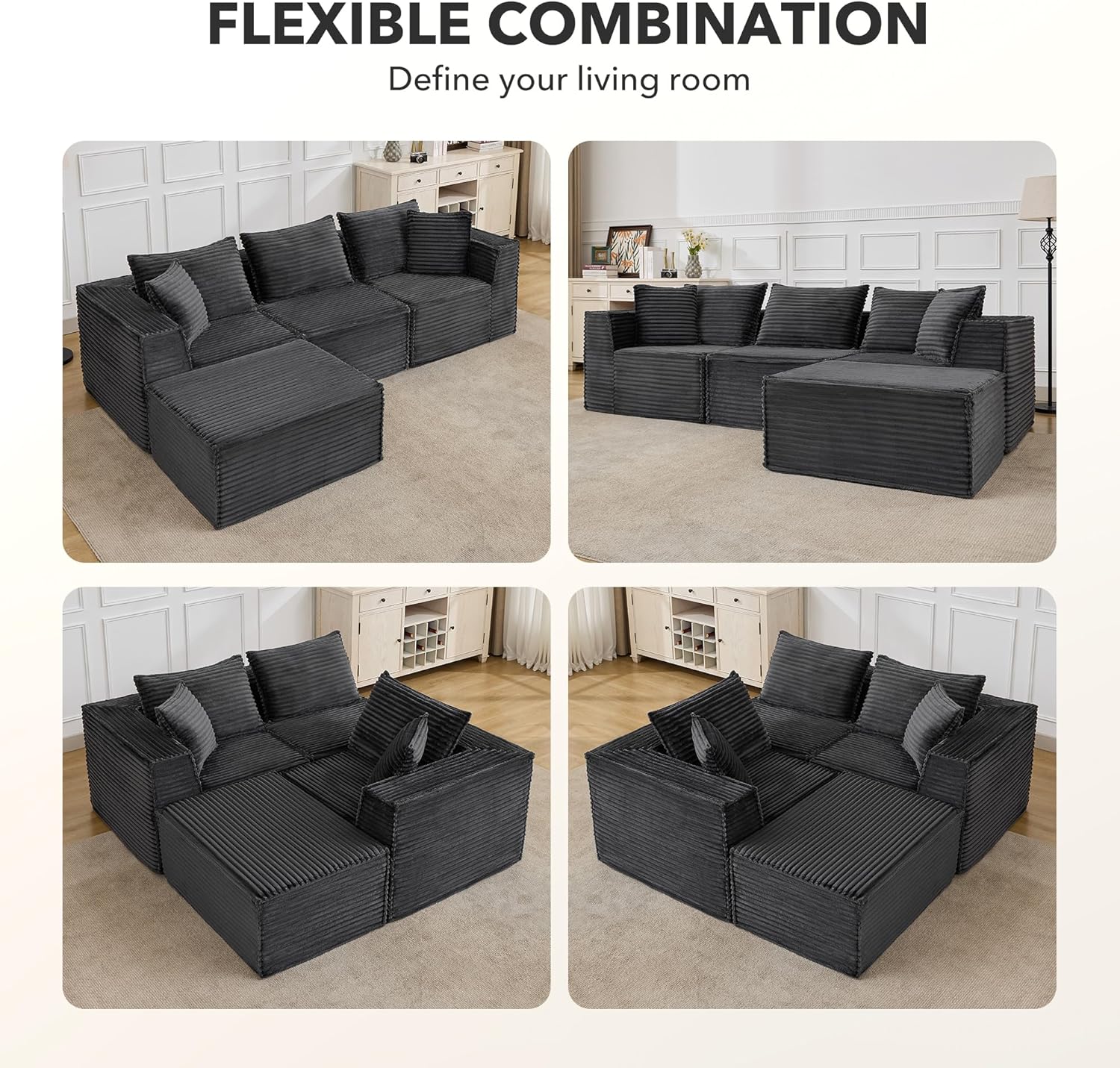 107" Modular Sectional Cloud Couch for Living Room,Deep Seat Boneless Couch,Convertible Sofas with Ottomans,No Assembly Compression Sofas, Comfy Floor Sofa with Memory Foam (3 Seater+1 Ottoman),Grey