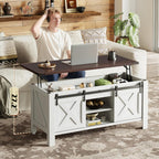 WLIVE 47.3" Farmhouse Lift Top Coffee Table with Sliding Barn Doors, Large Hidden Storage Compartment and Adjustable Shelf for Living Room,Office, White