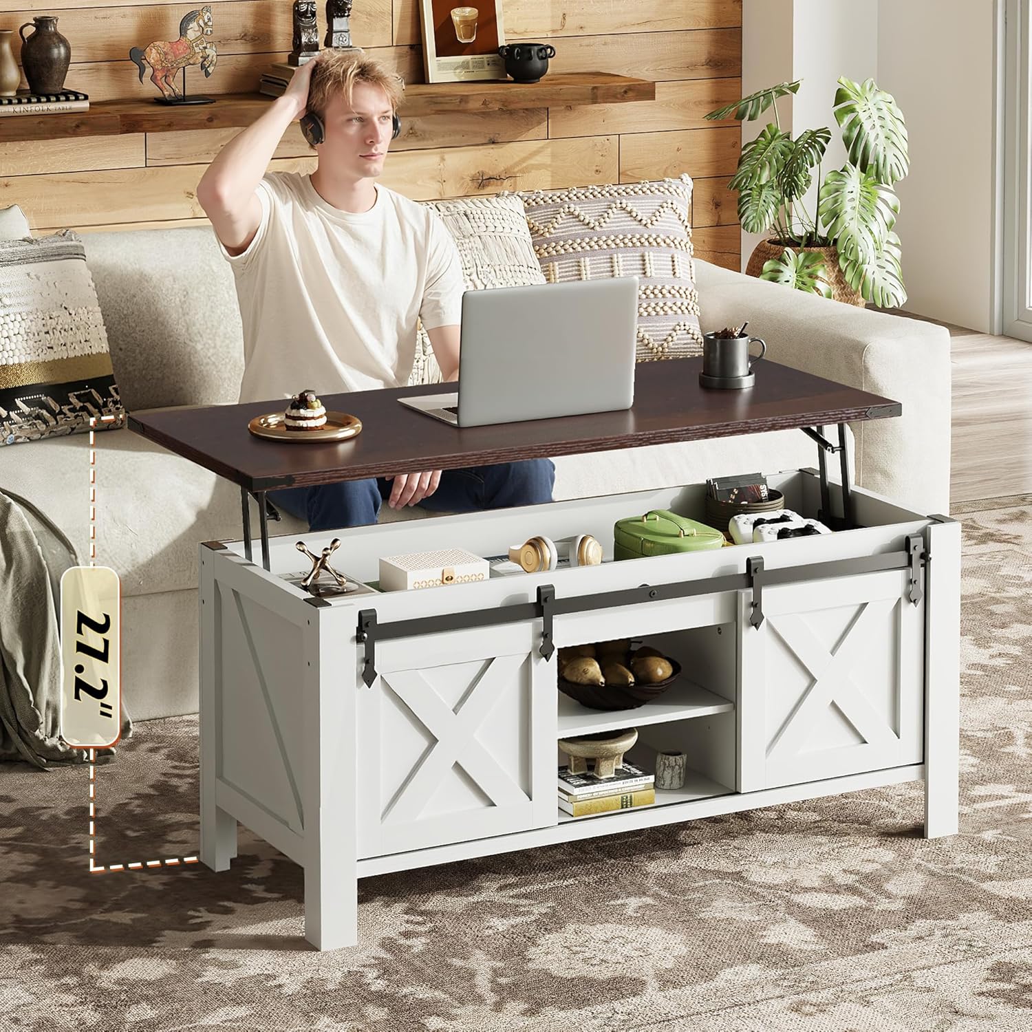 WLIVE 47.3" Farmhouse Lift Top Coffee Table with Sliding Barn Doors, Large Hidden Storage Compartment and Adjustable Shelf for Living Room,Office, White
