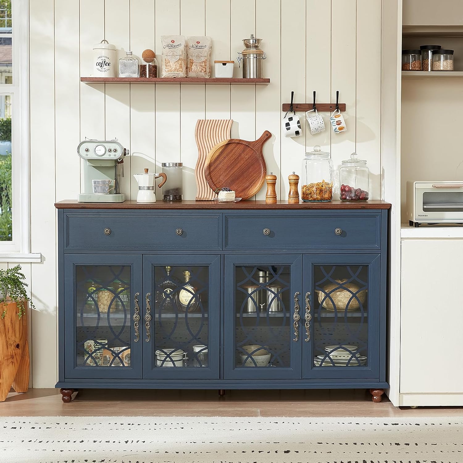 Joaxswe Farmhouse Sideboard Buffet Cabinet with Storage,59" Large Credenza with 4 Glass Doors & 2 Drawers,Adjustable Shelves Console Table,Wood Kitchen Coffee Bar for Dining Room,Living Room,Navy Blue