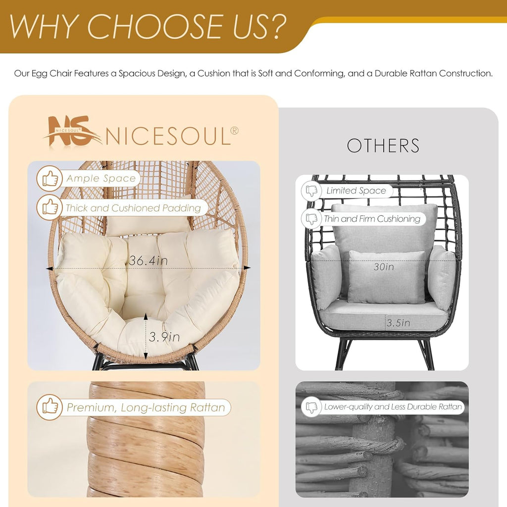 NICESOUL Wicker Egg Chair with Ottoman  Indoor Outdoor Egg Basket Lounge Chair w/Cushion  Oversized Egg Seat with Legs 440 Lbs  Comfy Cozy Boho Style Nest Chair w/Footrest for Patio  Balcony  Beige