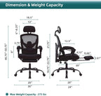 DUMOS Home Office Desk Chair with Footrest, High-Back Mesh Rolling Swivel Reclining Chairs with Wheels, Comfortable Headrest, Lumbar Support, Comfy Arms for Home, Office, Gaming, Student, Inky