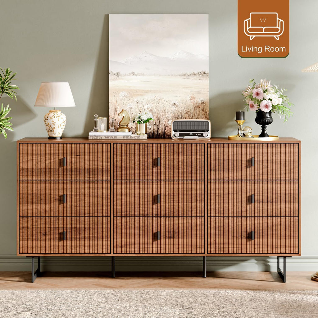 Modern Chest of Drawers with 9 Drawers,Deep Drawers,Clothes Organizer,Large Storage Cabinet for Living Room, Bedroom,Hallway,with Anti-Tipping Device, Walnut.