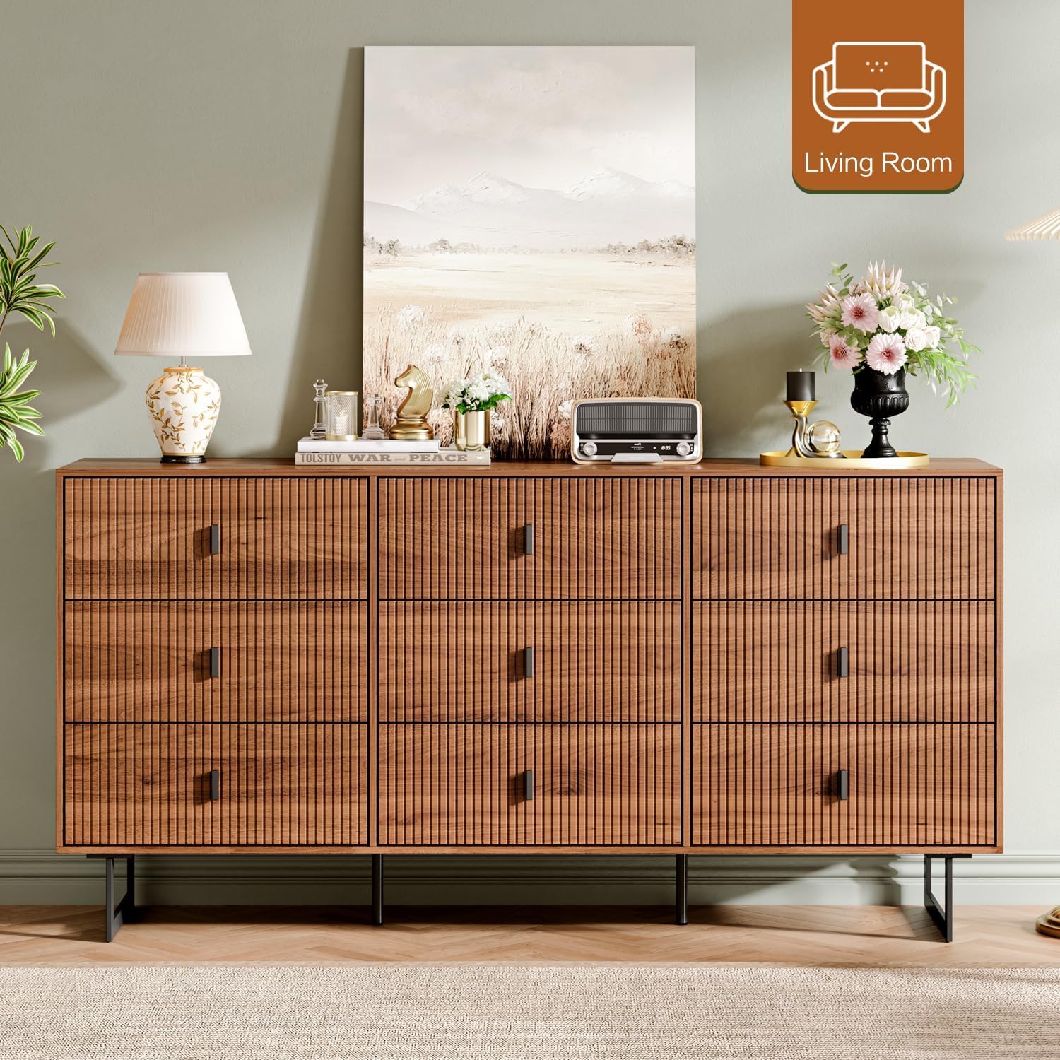 Modern Chest of Drawers with 9 Drawers,Deep Drawers,Clothes Organizer,Large Storage Cabinet for Living Room, Bedroom,Hallway,with Anti-Tipping Device, Walnut.