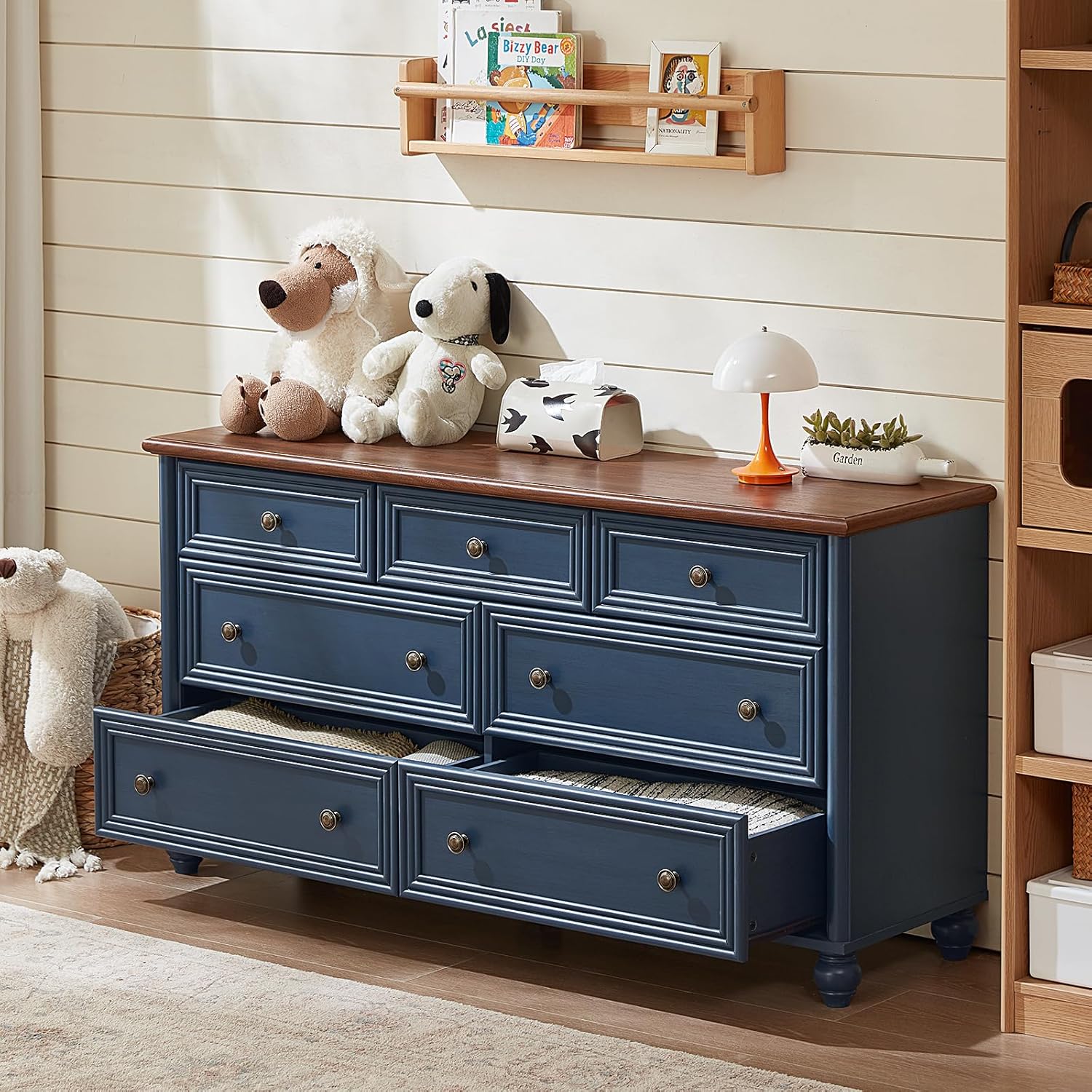 Farmhouse Dressers & Night Stand Set of 4, Wood 54" Wide Dresser & 45" Tall Chest of Drawers, 18" with Charging Station Nightstand Set of 2, Bedroom Furniture Dresser Set for Home Living Room Hallway