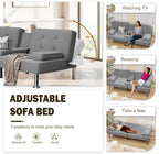 Shahoo Modern Linen Upholstered Convertible Folding Futon Sofa Bed with Removable Armrests, Metal Legs, 2 Cup Holders for Living Room, Light Grey