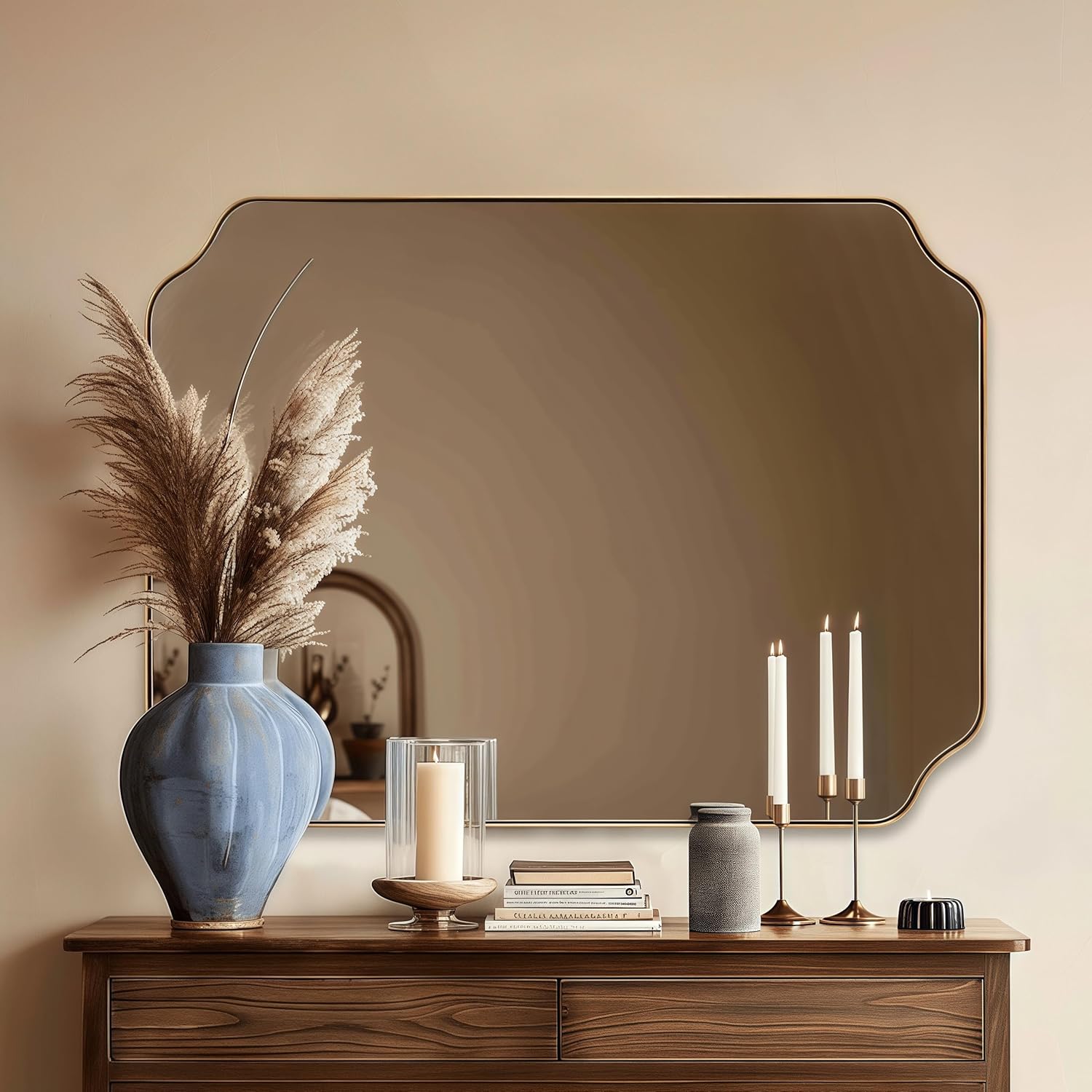 Gold Bathroom Mirror 30x40 Inch, Scalloped Brass Mirrors for Bathroom Sink, Notched Corner Rectangle Mirror in 1'' Stainless Steel Metal Frame Home Remodel Wall Mount Vertical/Horizontal