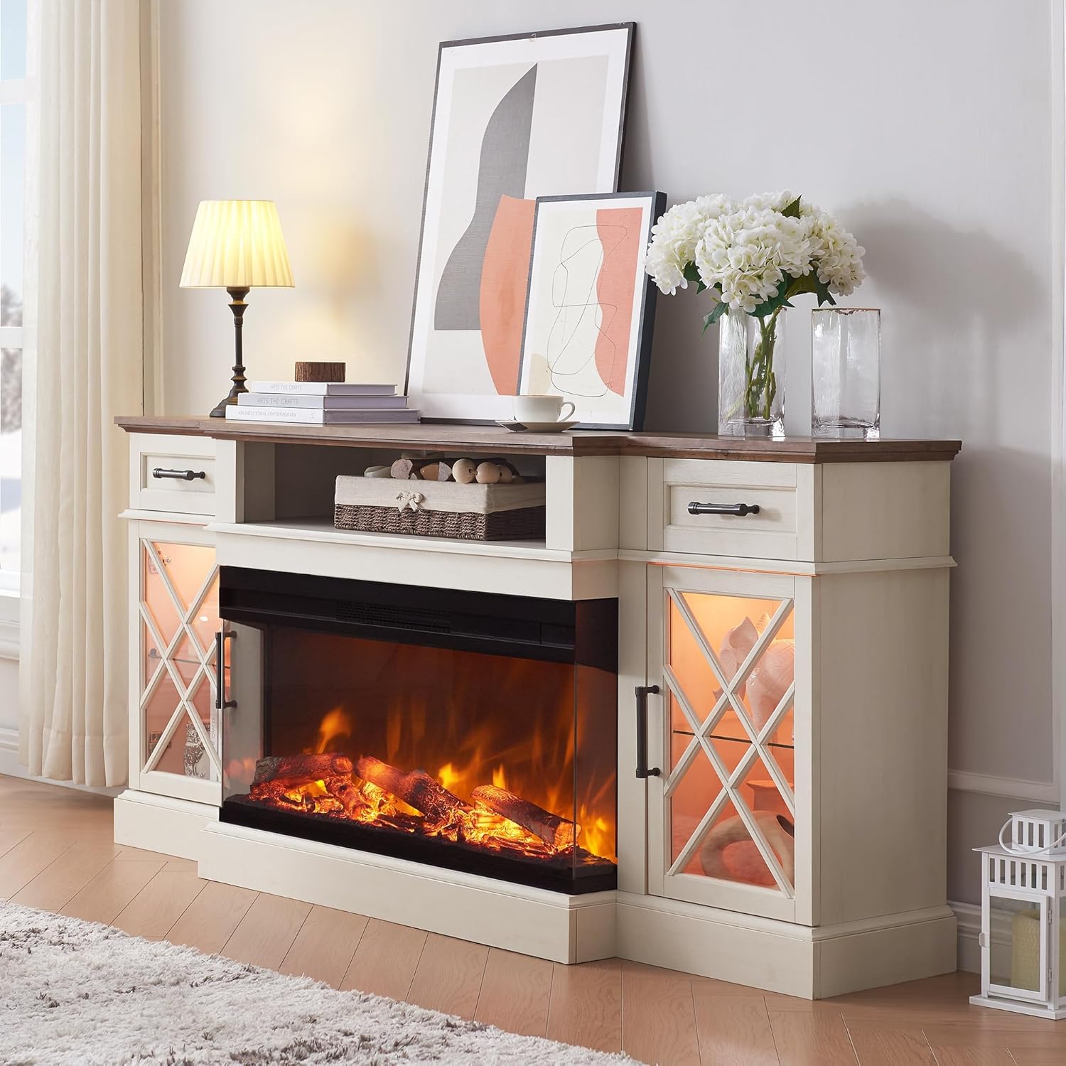 OKD 3-Sided Glass Farmhouse Electric Fireplace TV Stand for TVs up to 80'', Highboy Entertainment Center with Glass Door Storage Cabinet, 70'' Large TV Stands with 36'' Fireplace, Antique White