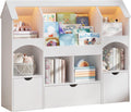 Kids Bookshelf with Toy Storage, Castle-Shaped Bookshelf with 3 Movable Drawers and LED Lights, Toy Storage Organizer with 3-Tier Book Rack for Kids Room, Playroom, Nursery