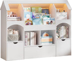 Kids Bookshelf with Toy Storage, Castle-Shaped Bookshelf with 3 Movable Drawers and LED Lights, Toy Storage Organizer with 3-Tier Book Rack for Kids Room, Playroom, Nursery