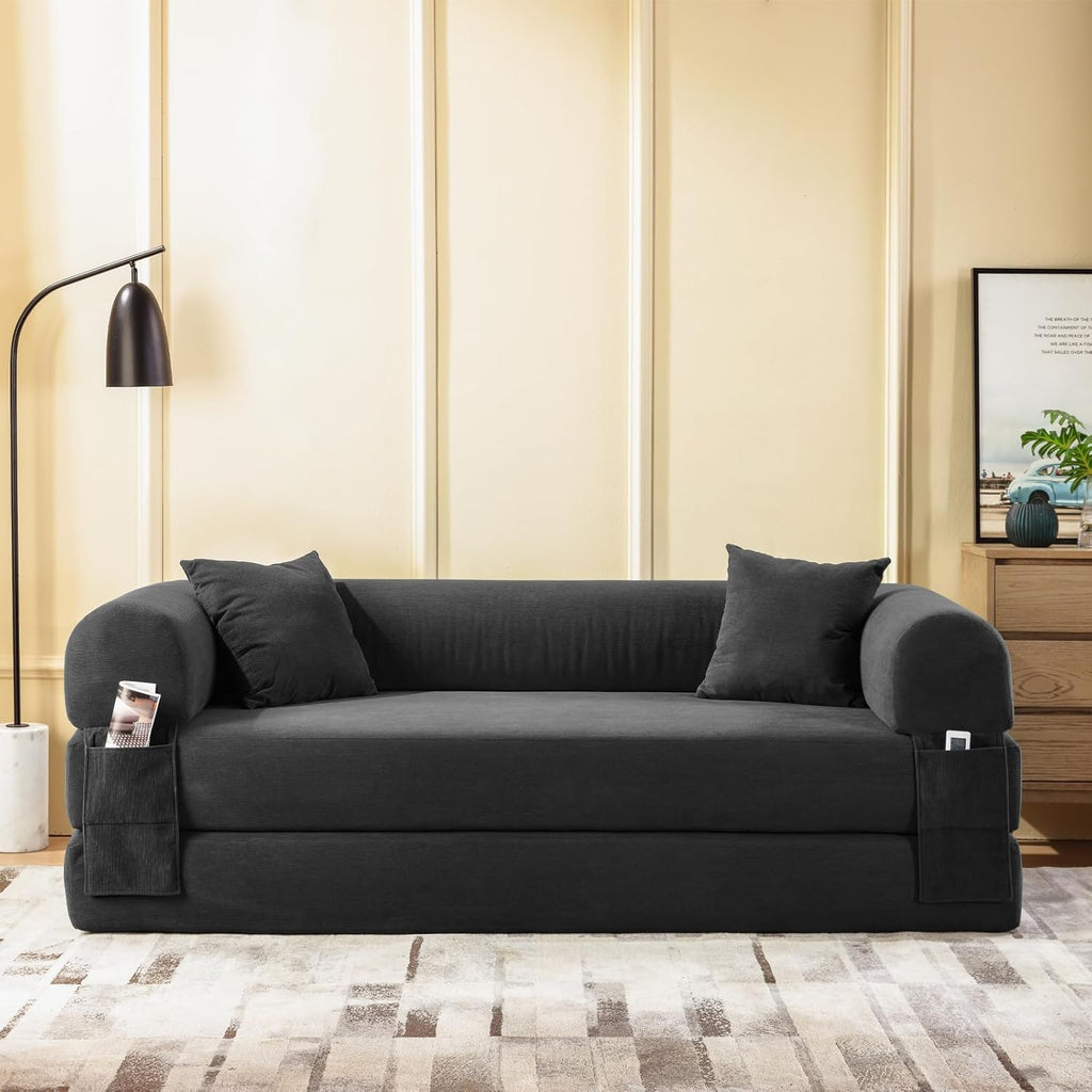 4-in-1 Folding Convertible Sofa Bed, 80 Inch Oversized Corduroy Boneless Couch, Loveseat Sleeper with Pull Out Bed, Floor Sofa Modular Futon Teddy Sofa for Living Room Bedroom Lounge, Deep Gray