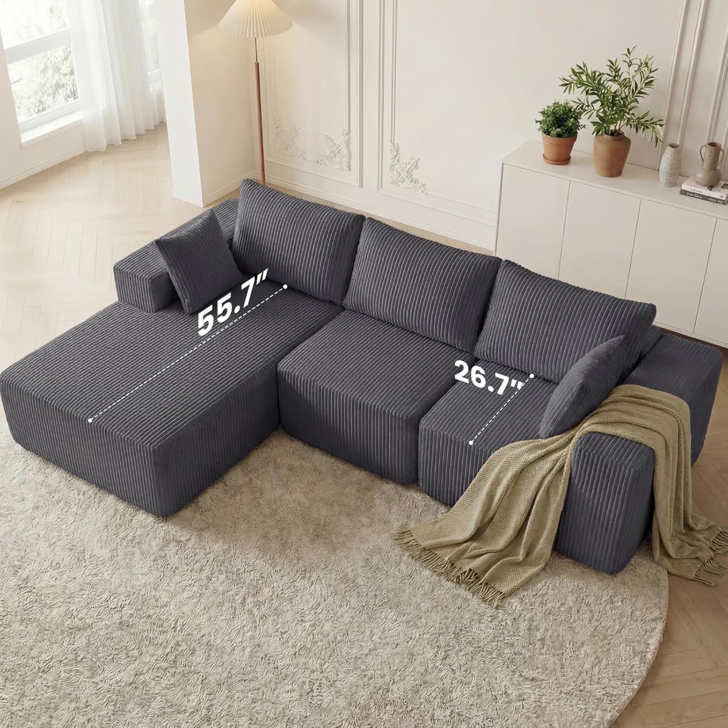 DUMOS 108" Boneless Couch, Cloud Sectional Couch with L-Shape Chaise, Modular Sectional Sofa with Deep Seat, Upholstered Couch for Living Room Bedroom, No Assembly Required (Grey, Left Facing Chaise)