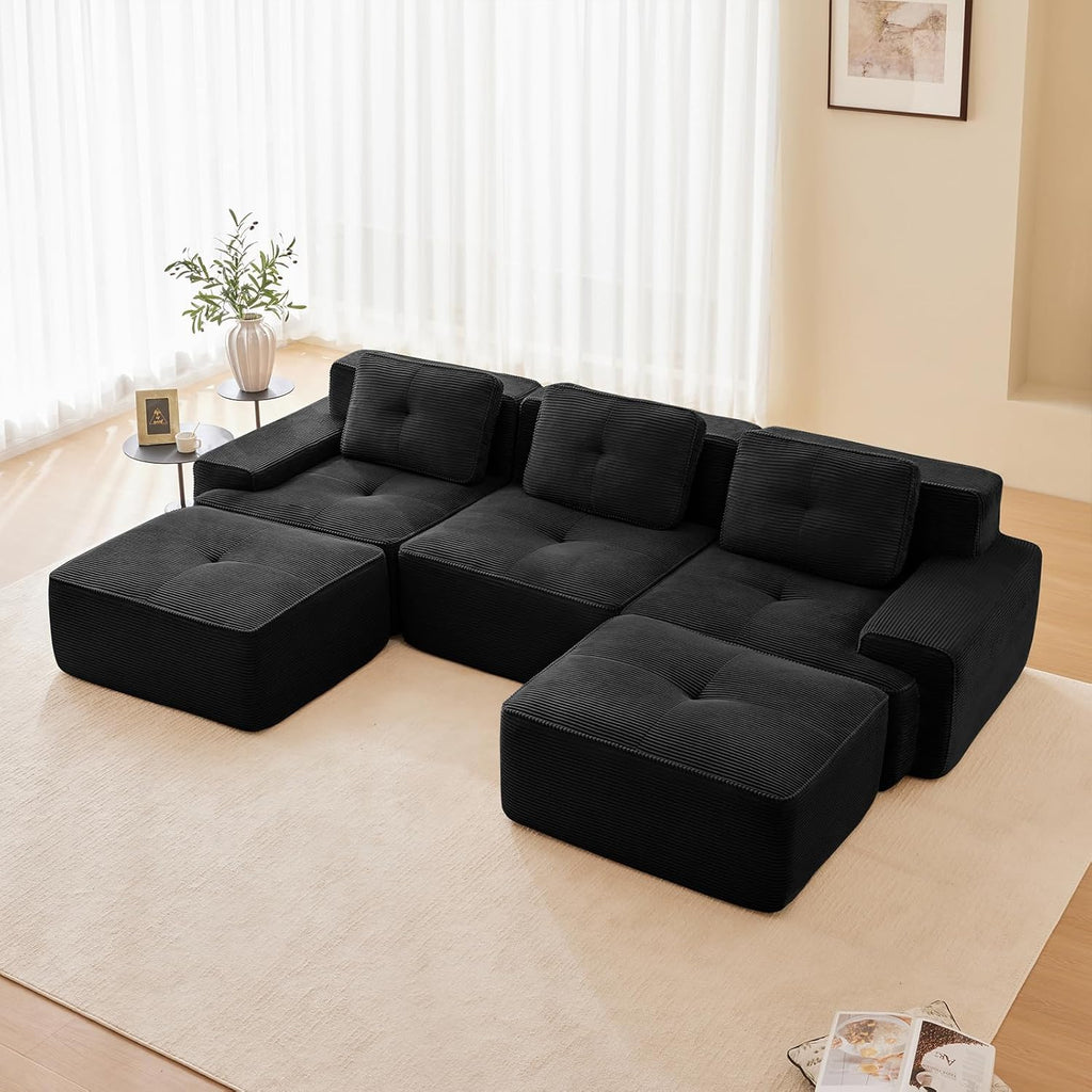117" Modern Compressed Boneless Couch with Ottoman, 3 Seater Large U Shaped Sectional Couches for Living Room, Black Corduroy Cloud Modular Sectional Sofa, Memory Foam, Extra Deep, No Assembly