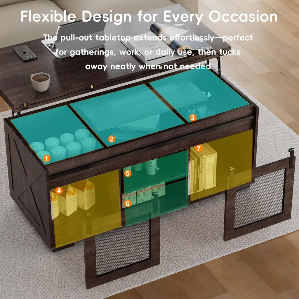 Upgraded Coffee Table with Lifting Top And Sliding Doors, Thick Panels, Industrial Metal Mesh Sides, Dual LED Accent Lights, Large Storage Center farmhouse square Table for Living Room, Dusk Walnut