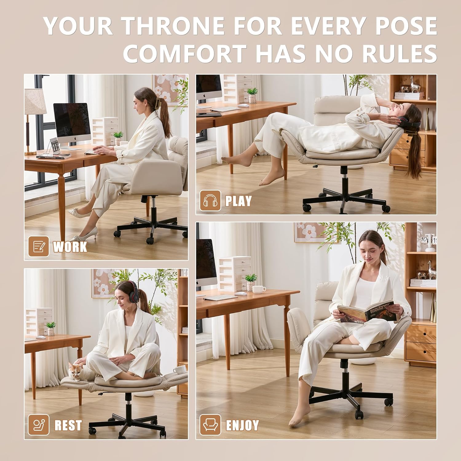 Criss Cross Chair with Flip-Up Arms & Swivel Wheels, Vanity Chair with Adjustable Height & Side Pockets, Comfortable Wide Seat Reclining Computer Office Desk Chairs for Home Office, Make Up, Bed Room