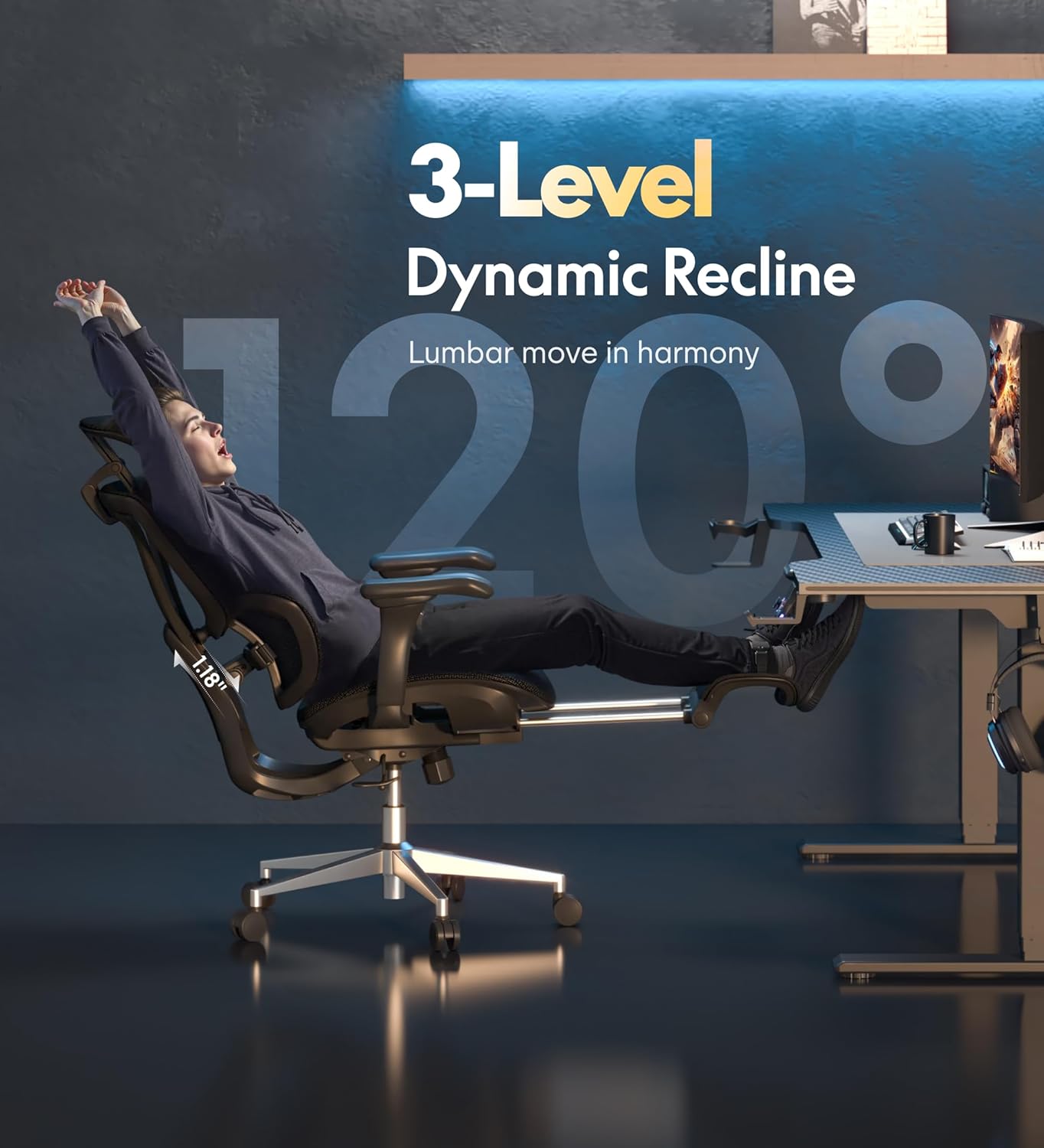 FLEXISPOT Sentinel Ergonomic Gaming Chair with Dual-Wing Adaptive Lumbar, 3D Armrests 3-Position Recline up to 120° Height-Adjustable Backrest Premium Mesh Computer Office Chair for Home & Office