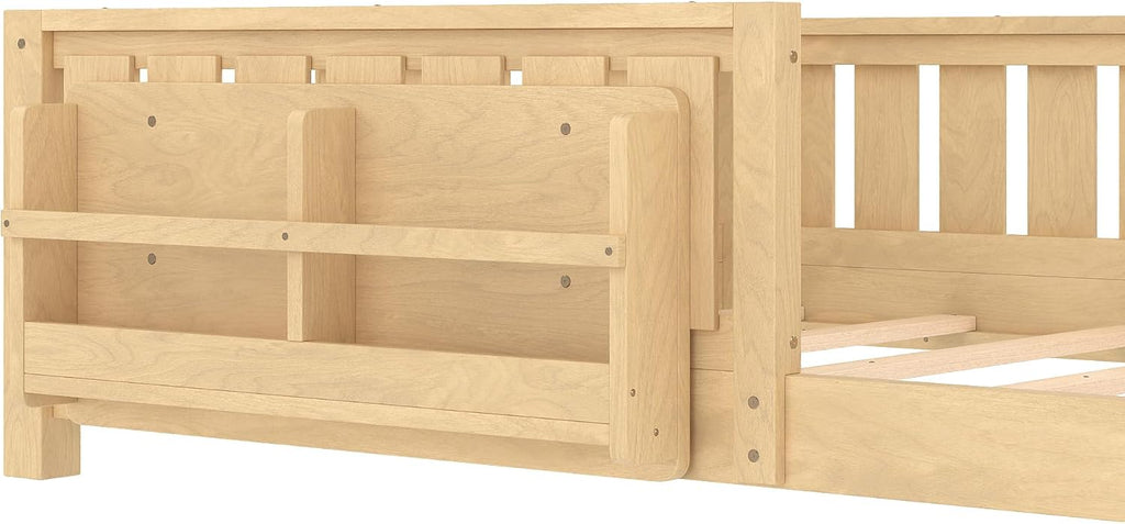 Bellemave Light Natural Montessori Floor Bed with Fence and Slats, Full Size Montessori Floor Bed with Bookcase and High Rails, Easy Assemble Bed Frame for Girls, Boys, Full