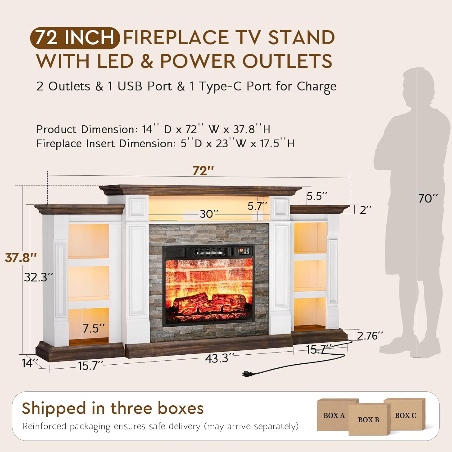72'' Fireplace TV Stand with Outlet & LED, Electric Fireplace with Mantel, Entertainment Center with Storage for TVs Up to 80 Inch, 23'' Fireplace Heater Insert with 3D Flame Effect for Living Room