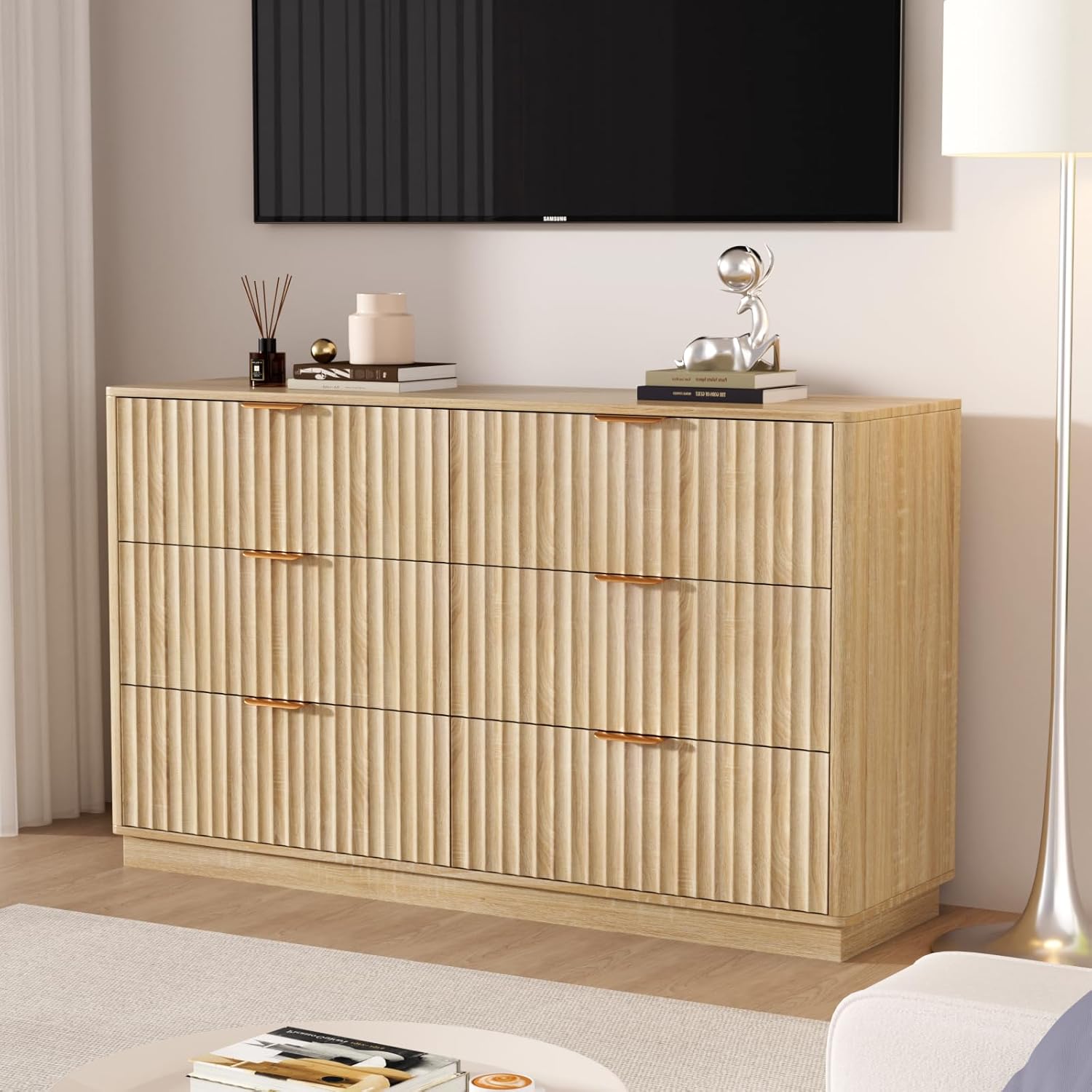 VOWNER Fluted 6 Drawers Dresser for Bedroom, 54" Wide Modern Chest of Drawers with Metal Handle, Closet Clothes Storage Organizer, Wood Dresser TV Stand for Living Room, Closet, Hallway, Entryway