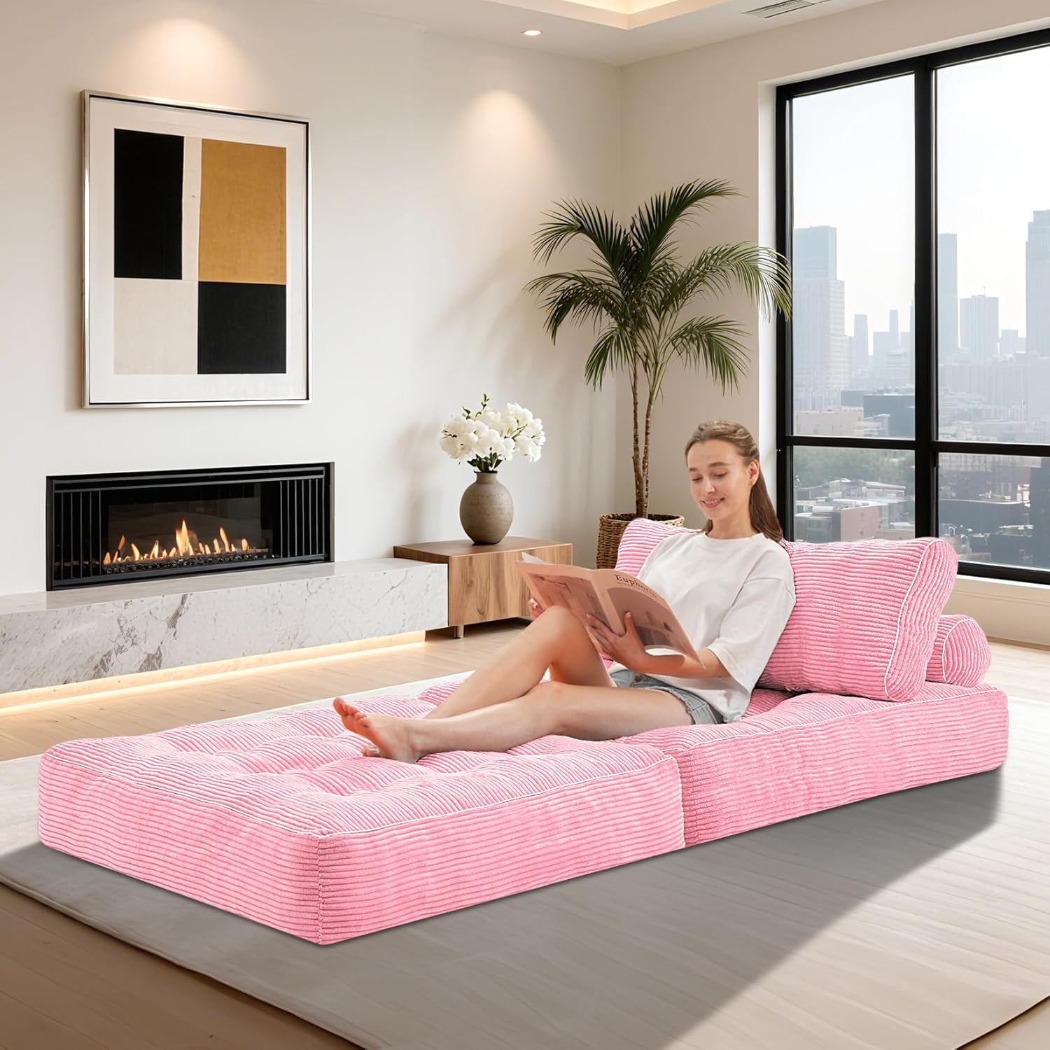 HABUTWAY Folding Sofa Bed, Convertible Sleeper Chair Bed w/Dual-Pillow & Handle, Foldable Floor Sofa Lounge w/Back Support for Living Room, Bedroom, Apartment, Office, Single, Pink