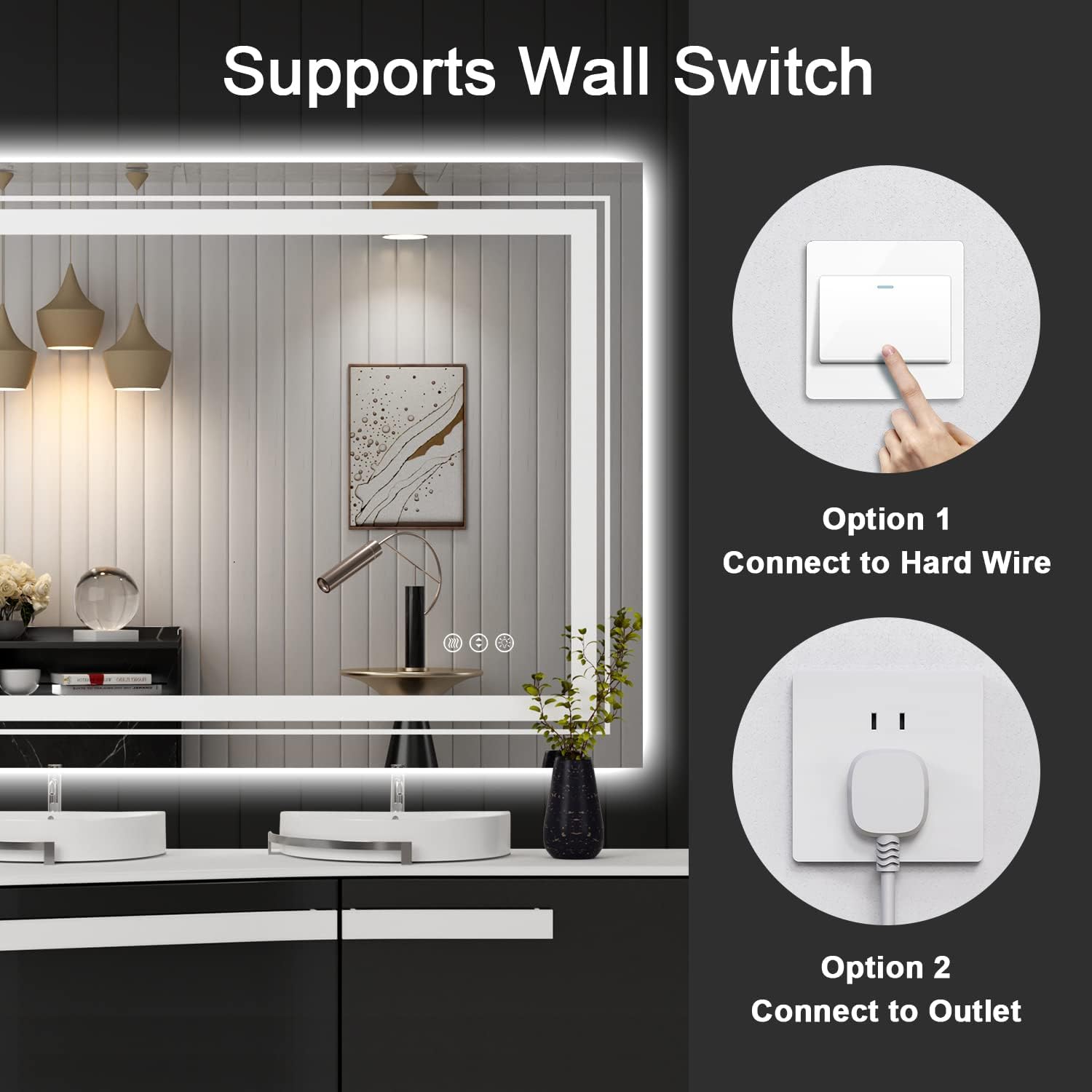 LED Bathroom Mirror, 48"X32" with Front and Backlit, Anti-Fog, Large Bathroom Vanity Mirror for Wall, Memory Function, Stepless Dimmable, Tempered Glass (Horizontal/Vertical)