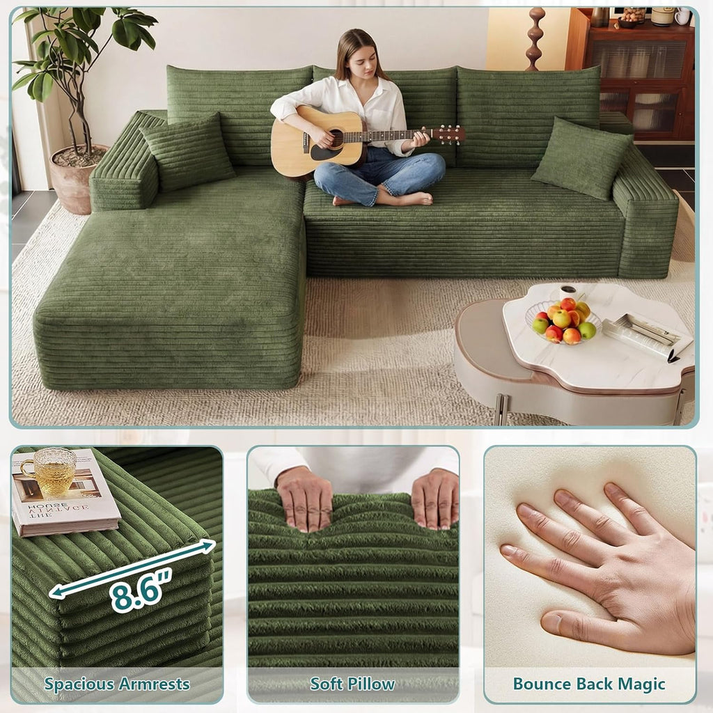 95" Modular Sectional Couch, Boneless L Shaped Cloud Sofa with Chaise Lounge, Corduroy Upholstered Couches Memory Foam Deep Seat, No Assembly Required, Ideal for Living Room(Green, Left Facing)