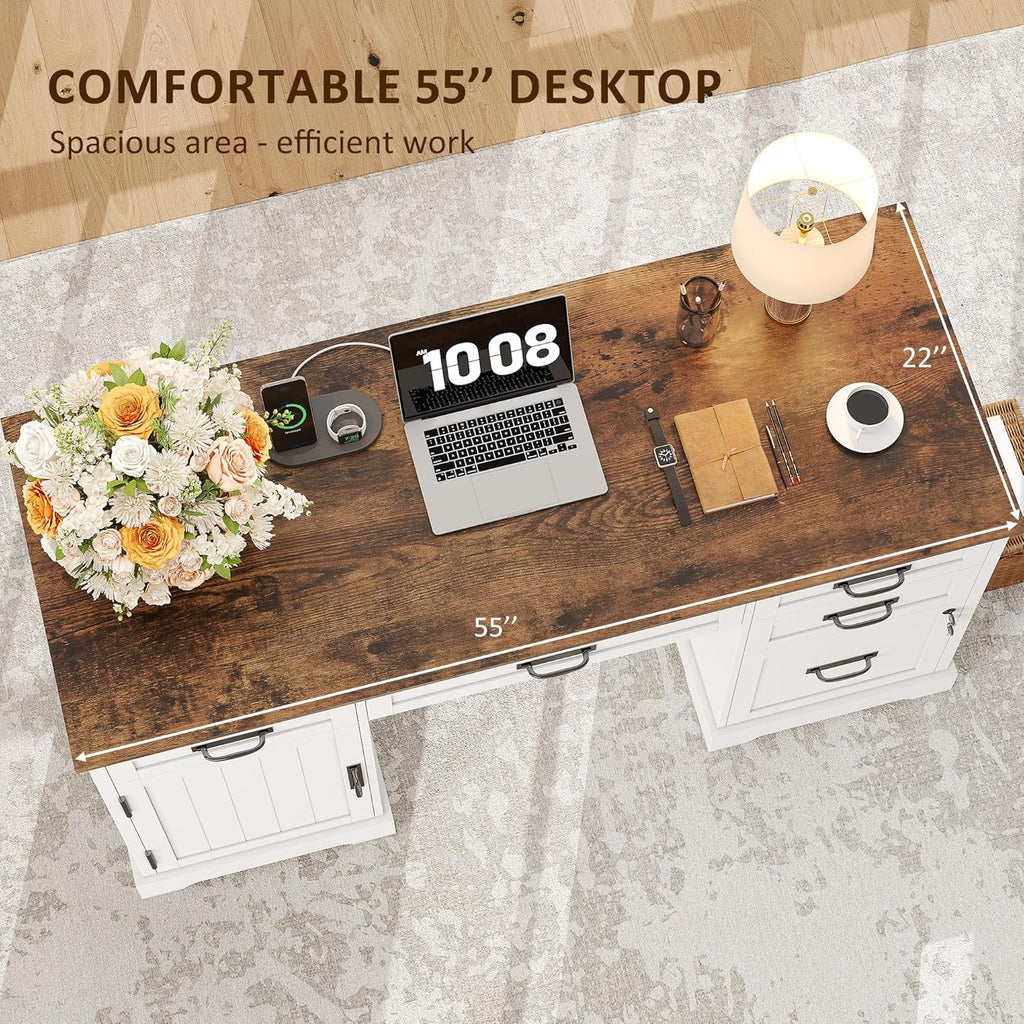 Whalefall 55'' Farmhouse Desk Home Office with Drawers, Executive Computer Desk Wooden with File Cabinet and Charging Station, White