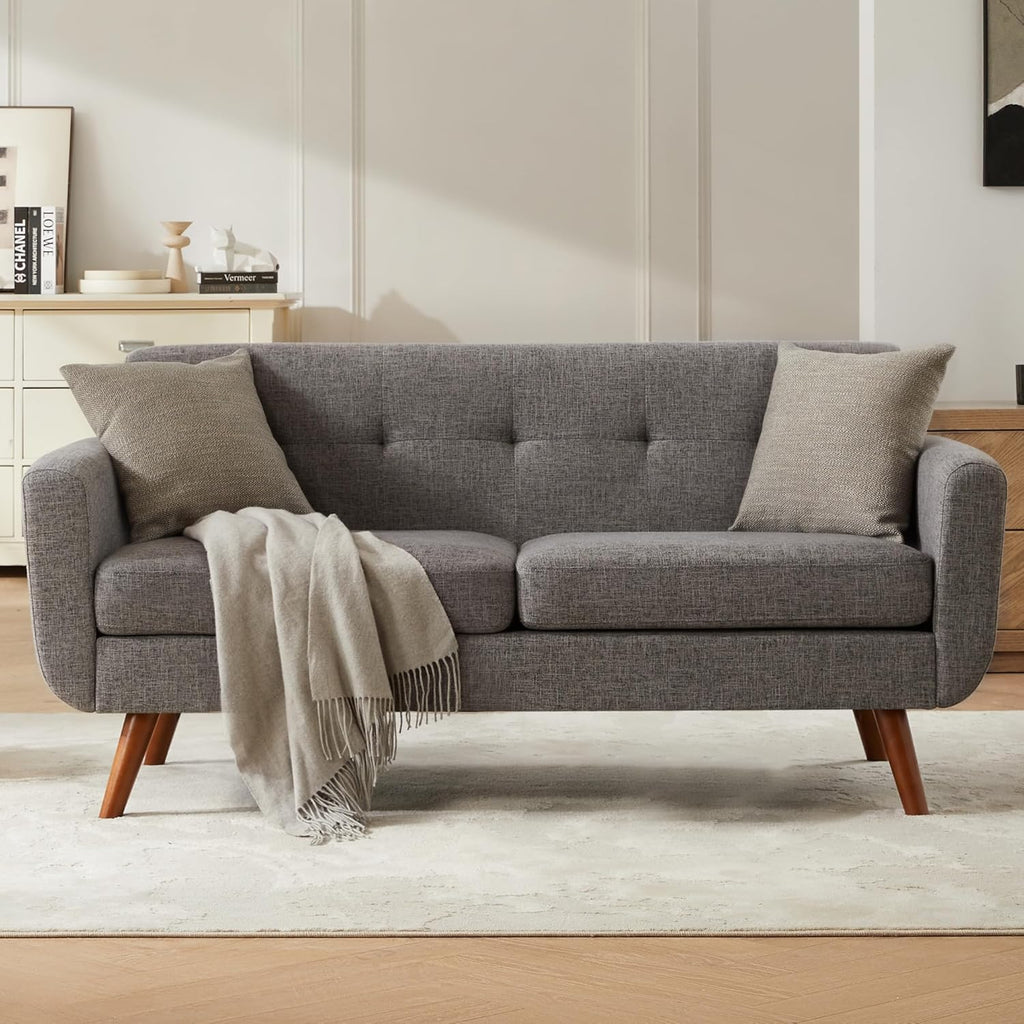 Tbfit 65" W Loveseat Sofa, Mid Century Modern Love Seat Couches for Living Room, Button Tufted Upholstered Small Couch for Bedroom, Solid and Easy to Install Love Seats Furniture, Grey | linen fabric, button tufted, solid wood foot, pocket spring, wo