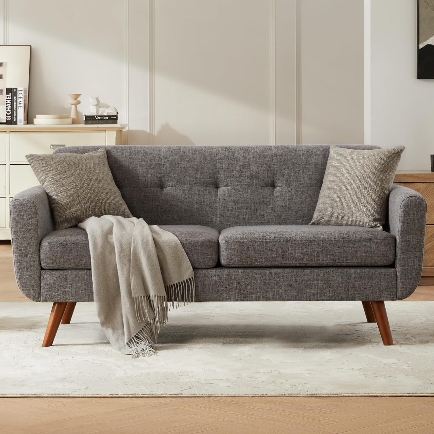 Tbfit 65" W Loveseat Sofa, Mid Century Modern Love Seat Couches for Living Room, Button Tufted Upholstered Small Couch for Bedroom, Solid and Easy to Install Love Seats Furniture, Grey | linen fabric, button tufted, solid wood foot, pocket spring, wo