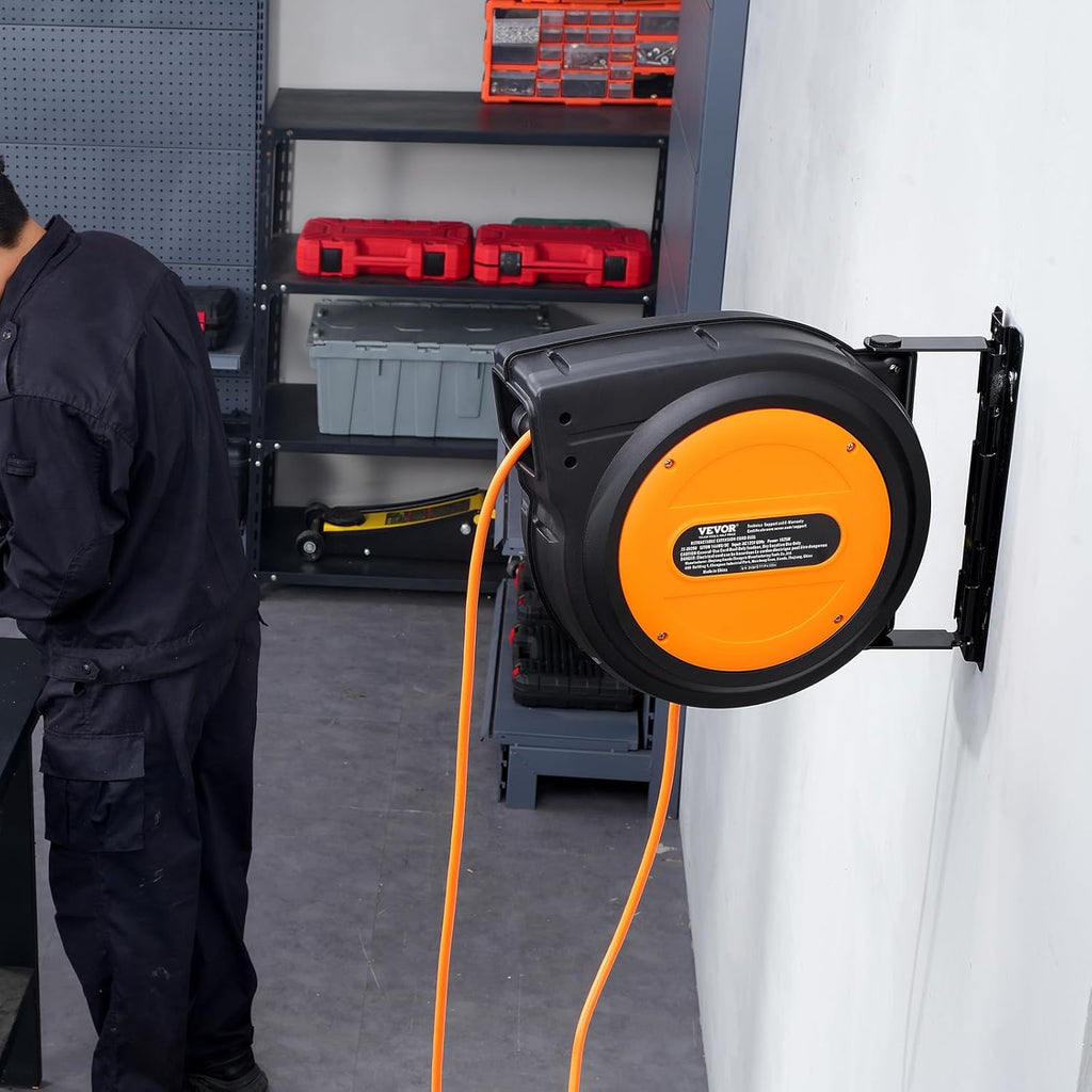 VEVOR Retractable Extension Cord Reel, 75 FT, Heavy Duty 14AWG/3C SJTOW Retractable Power Cord with Lighted Triple Tap Outlet, 13 Amp Circuit Breaker 180° Swivel Bracket for Ceiling or Wall Mount