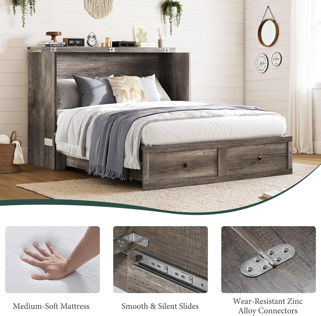 Queen Murphy Bed with 6" White Tri-Fold Memory Foam Mattress, Storage Drawer & Charging Station, Space-Saving Design for Home Office or Guest Room, Rustic Grey