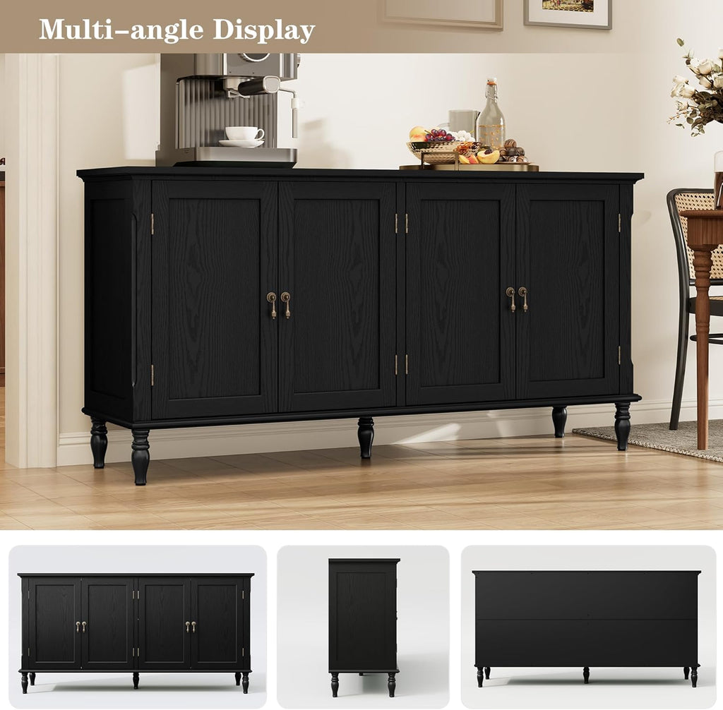 ARTPOWER 58" Sideboard Buffet Cabinet with Storage, Retro Wood Accent Cabinet with 4 Doors, Credenza with Adjustable Shelves for Living Room, Dining Room, Entryway, Black