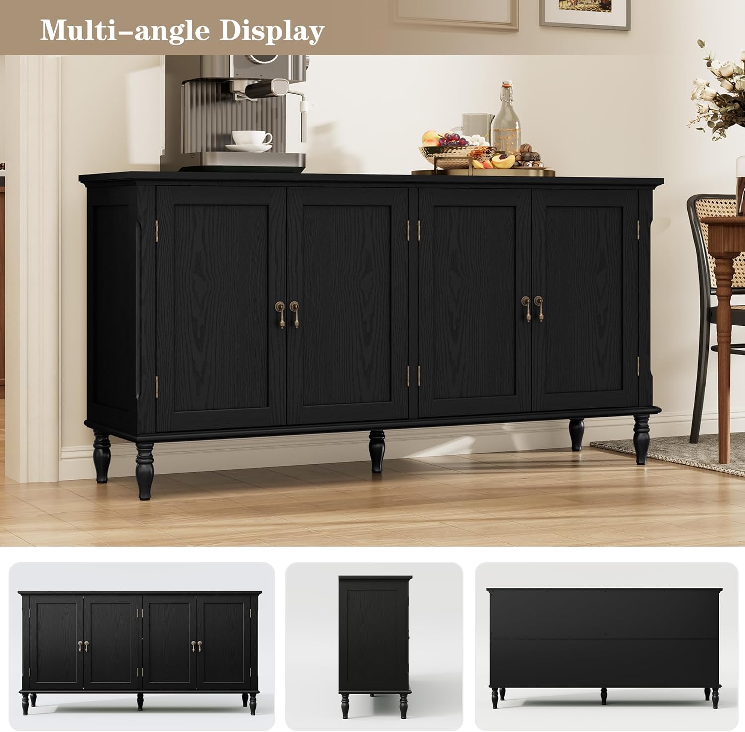 ARTPOWER 58" Sideboard Buffet Cabinet with Storage, Retro Wood Accent Cabinet with 4 Doors, Credenza with Adjustable Shelves for Living Room, Dining Room, Entryway, Black