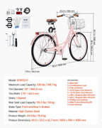 VEVOR Women Bike, 7-Speed and 1-Speed, 24-26 Inch Pink and Light Blue Beach Cruiser Bike, with Large Capacity Basket and Rear Rack, Adjustable Seat, Fits for Cycling, Exercise & Shopping